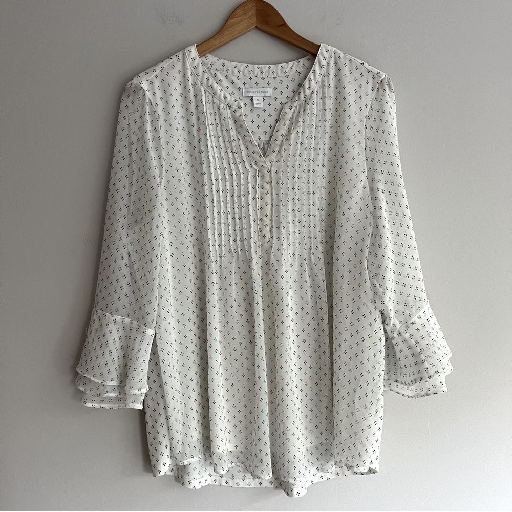 Charter Club Off White Patterned Blouse Trumpet Sleeves Extra Large